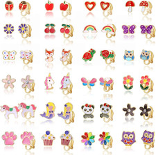 24 Pairs Cute Clip on Earrings for Women Cute Animal Apple Fox Rainbow Colorful