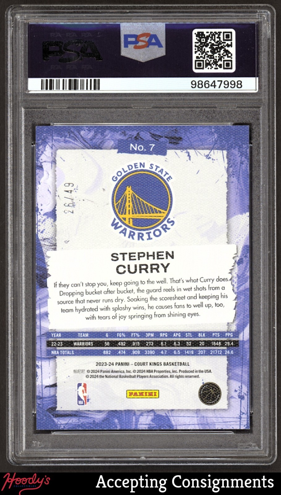 2023-24 Court Kings Violet #7 Stephen Curry WARRIORS 26/49 PSA 9 MINT view 2