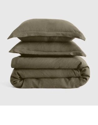 NWOT QUINCE EUROPEAN LINEN DOUBLE FLANGE DUVET COVER SET KING/ CAL DUSTY OLIVE