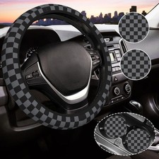 Dark Gray Checkered Steering Wheel Cover For Women Universal Auto Steering W...