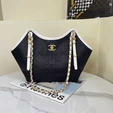 Auth Chanel Small Tote Shoulder Bag Black White Straw Woven Leather Trim