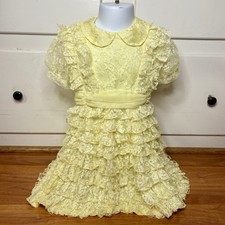 Vintage 70s Toddler Girls Yellow Frilly Ruffled Lace Circle Party Dress