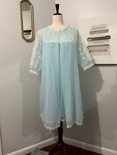 Vintage Carol Brent Light Blue Chiffon Lace Babydoll Nightgown Robe Set.