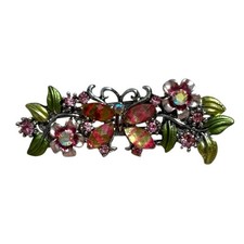 Vintage butterfly filigree hair clip with pink rhinestone flowers