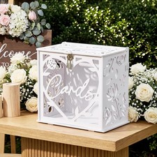 White Wedding Card Box With Lock PVC Hollow Gift 10x10 Inch Reception Party