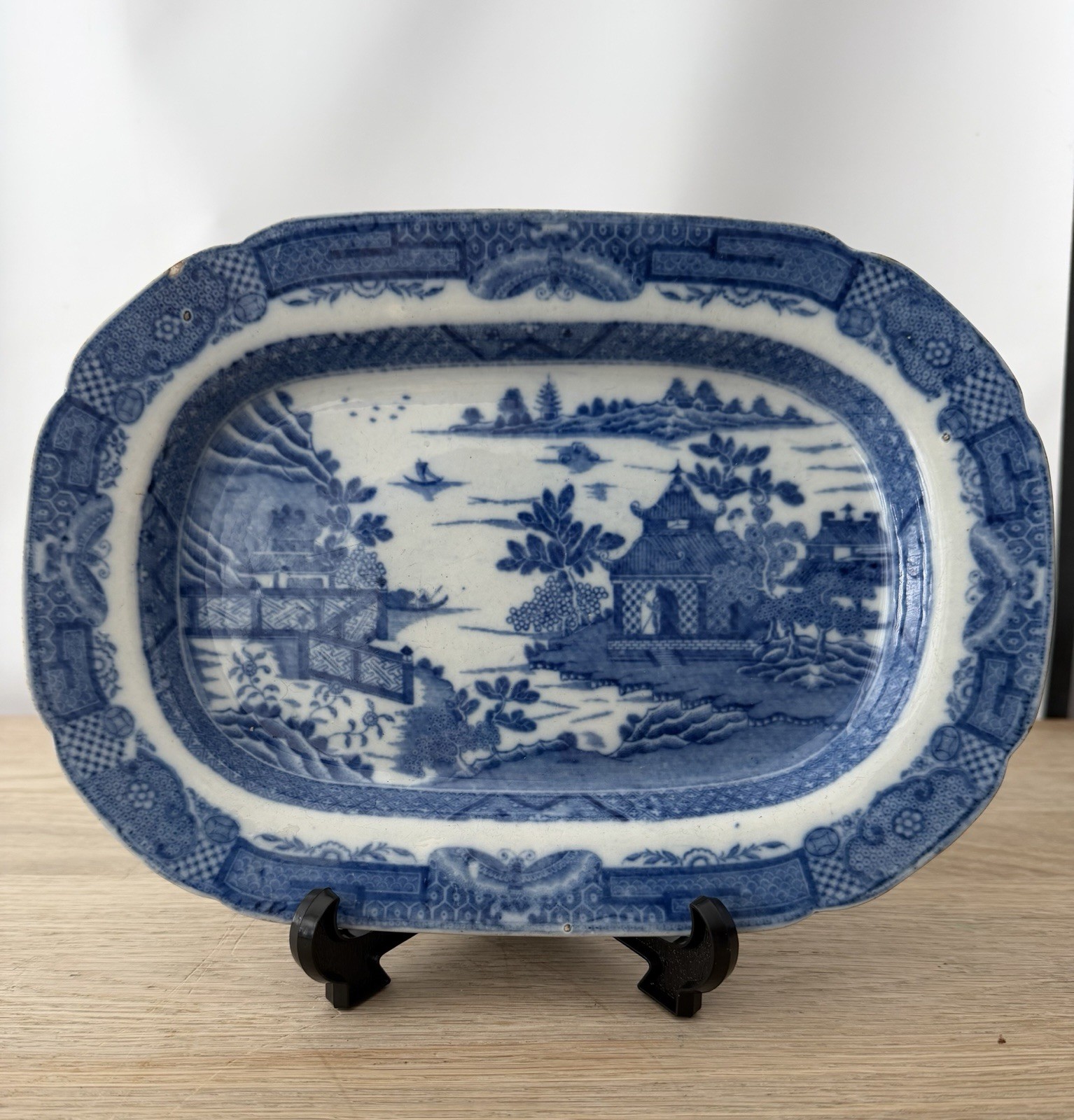 Antique Blue & White Willow Pattern Serving Platter 26cm Transferware