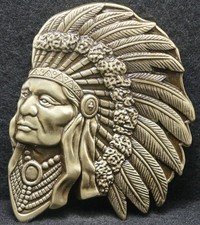 XA01173 NOS VINTAGE 2000s INDIAN CHIEF W/ FULL HEADDRESS ART BELT BUCKLE