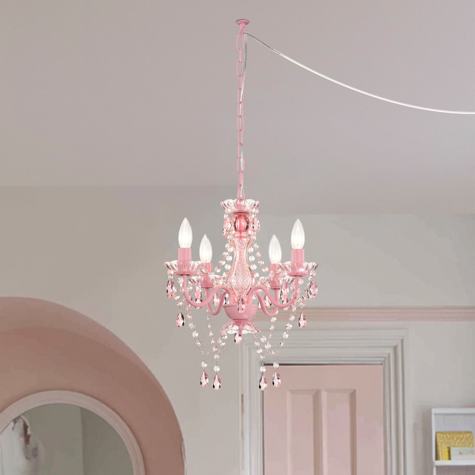 Plug-In Crystal Chandelier Pink 4-Light Mini Ceiling Fixture for Girls Bedroom