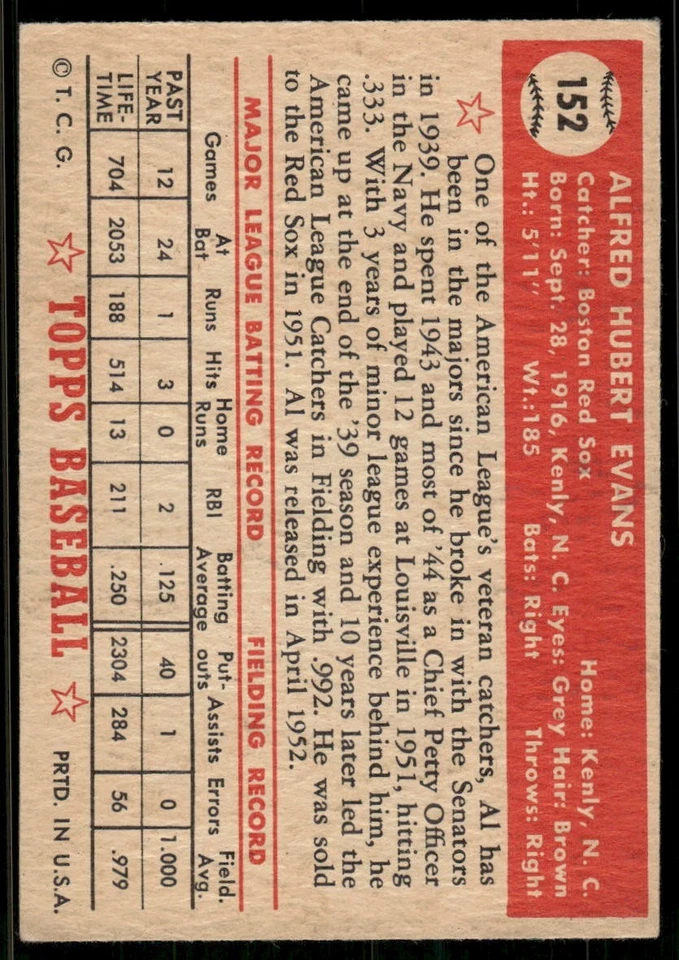 1952 Topps - Al Evans #152 - Image 2 of 2