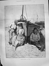 Old Print 1890 Eve Parting Fisherman Boat Lady Romance Beach Scene Rainey 19th