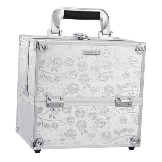 Makeup Train Case Portable Cosmetic Box Organizer 4 Trays Floral Silver