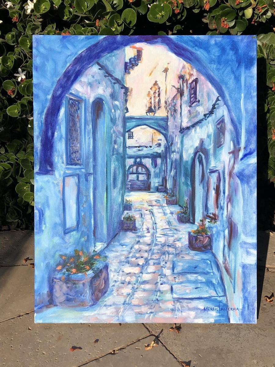 ORIGINAL OIL Painting Monochromatic Blue Morocco Village 14 X 18