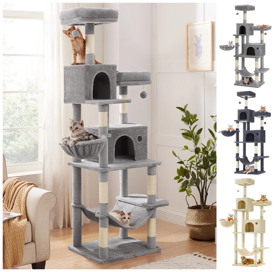 Kratzbaum XXL mehrstufig mit Sisalstämmen 199 cm große Höhle Hängematte