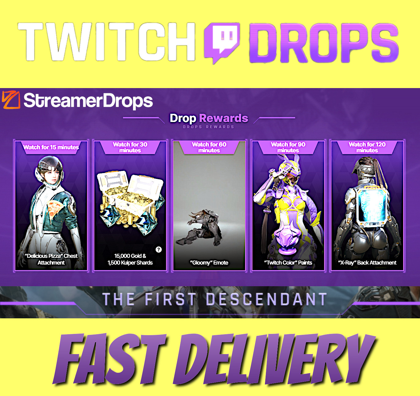 The First Descendant Pizza / Gloomy Emote / Pinturas de color Twitch / Oro 15k + Más