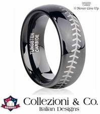 Mens Tungsten Carbide Steel Baseball Player Stitch 8mm Domed Ring Black Band USA