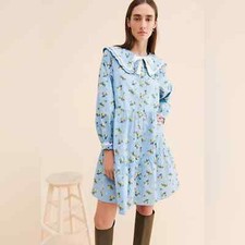 Anthropologie cras Blue Collard Floral Dress sz 36