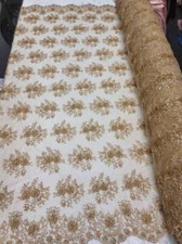 Fabric Sold By The Yard Gold Lace Beads On Mesh Embroidery Sequin Floral Flowers