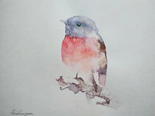 Red Robin, Bird, Watercolor artwork, Handmade, Original painting on paper