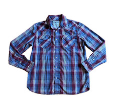 Levi's Pearl Snap Plaid Shirt Men's M Red Blue Long Sleeve Pockets Cotton Blend