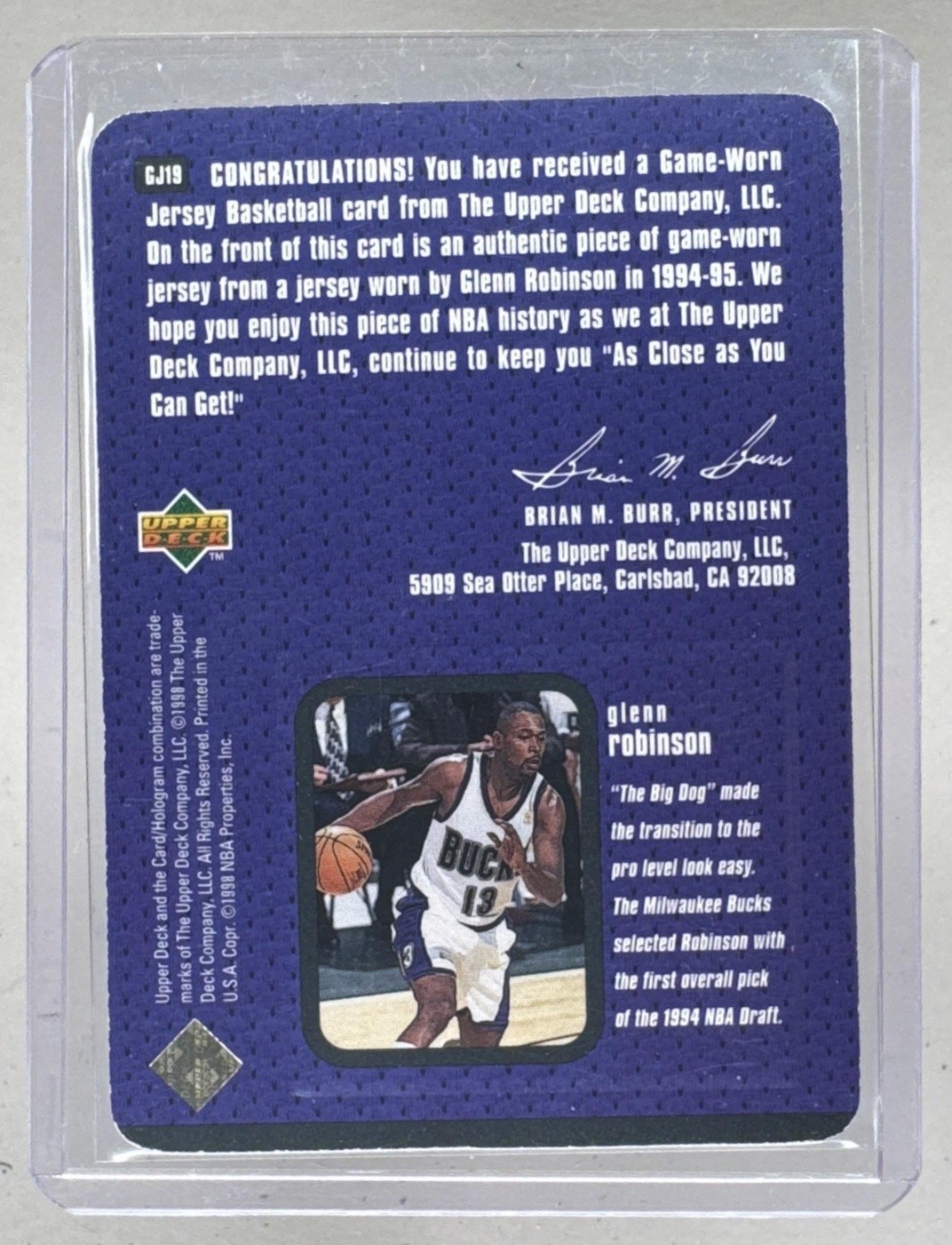 Glenn Robinson 1997 Upper Deck #GJ19 Game Jerseys Patch view 2