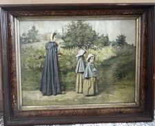 Antique Victorian Chromolithograph Mother & Daughters Countryside Scene Framed