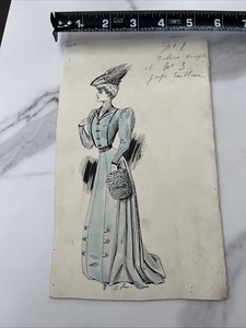 Vintage Sketch Drawing Paper Ephemera Art Victorian Women Dress Fashion Signed