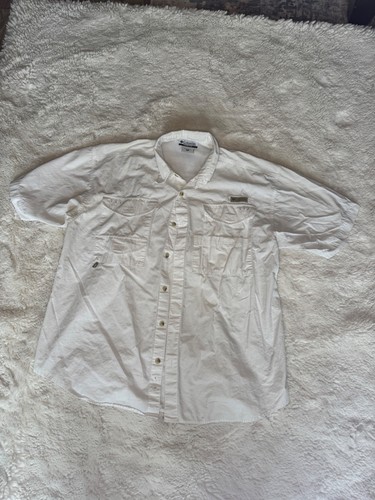 Columbia PFG White Fishing Shirt Men's Medium Short Sleeve Multi Pocket Outdoor