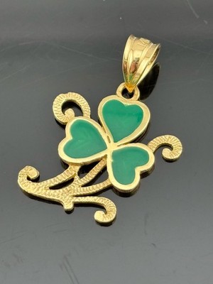 LUCKY 14k Yellow Gold Green Enamel Shamrock Clover Pendant Charm 7/8'' + Flourish