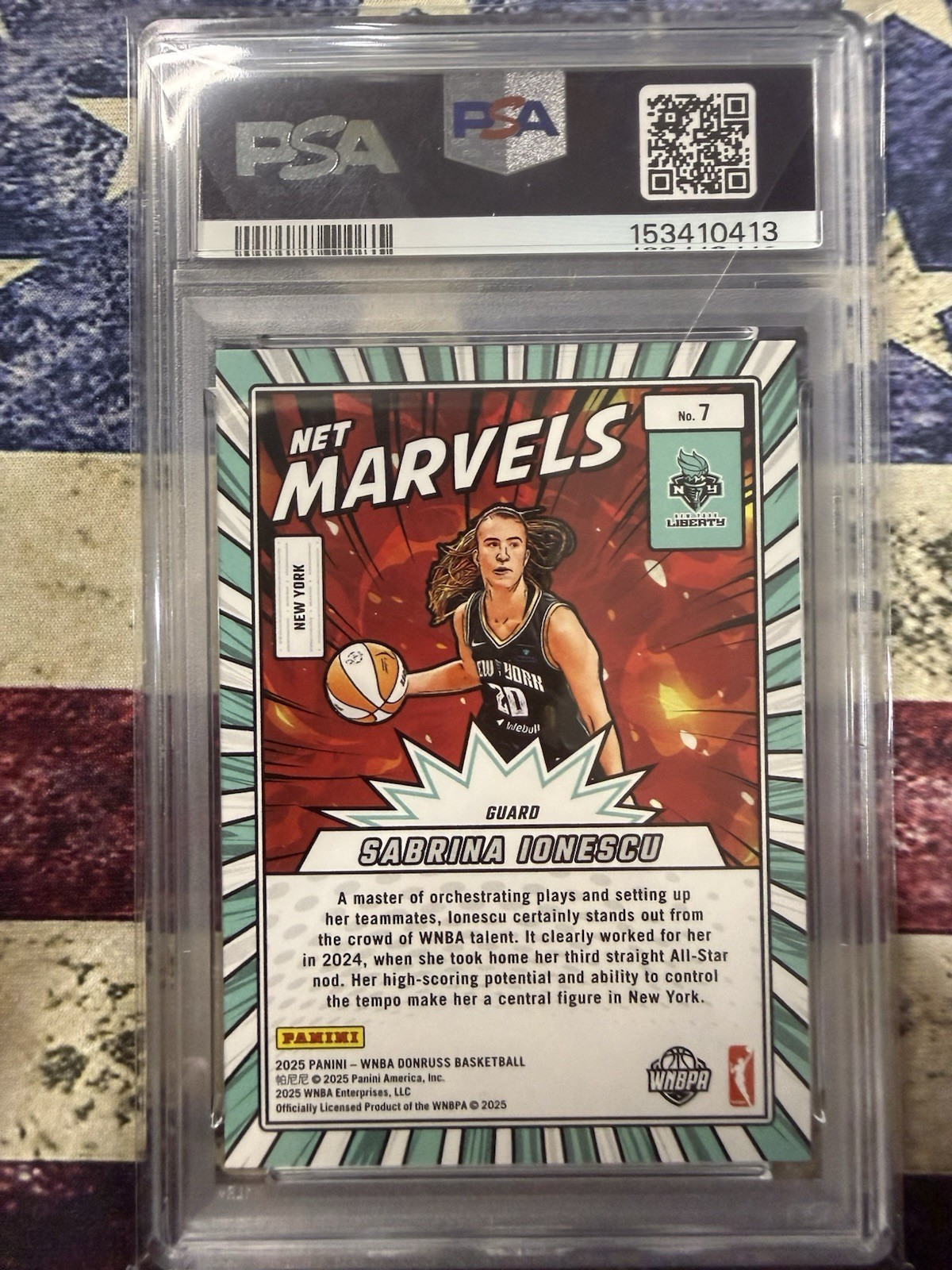 2025 Donruss WNBA Net Marvels Orange Fireworks /75 Sabrina Ionescu PSA 10 GEM MT view 2