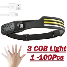 COB LED Headlamp USB Rechargeable Headlight Bar Head Band Torch Work Light 6000K