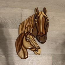 Vntg Large 18" 3D Intarsia Wood Horse Art Plaque Signed Daniel Beach Mare Foal