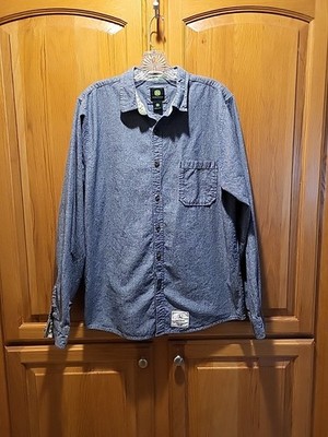 John Deere Retro Long Sleeve Button Up 100% Cotton Blue/Gray Dress Shirt Men's L