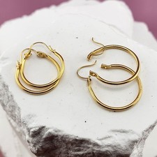 2 Pairs Gold Tone Thin Hoop Earrings Round Minimalist Classic Everyday Jewelry