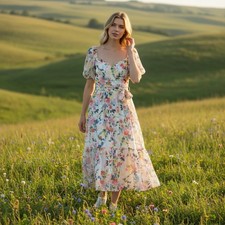 Julia Jordan Midi Dress Womens 12 Floral Fairy cottage Chiffon Button Belt