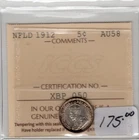 1912  Newfoundland 5 Cents Silver Coin - ICCS AU 58