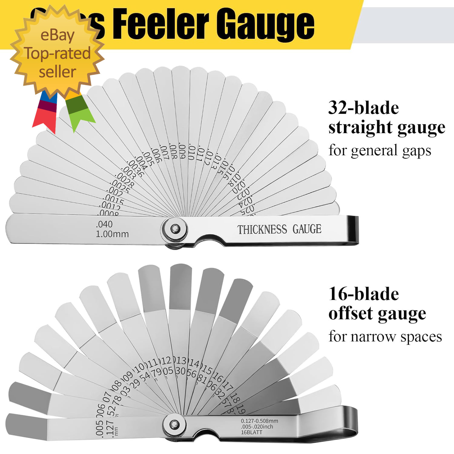 2Pcs Feeler Gauges Set Stainless Steel, 32 Straight & 16 Angled Blades, Dual Mar