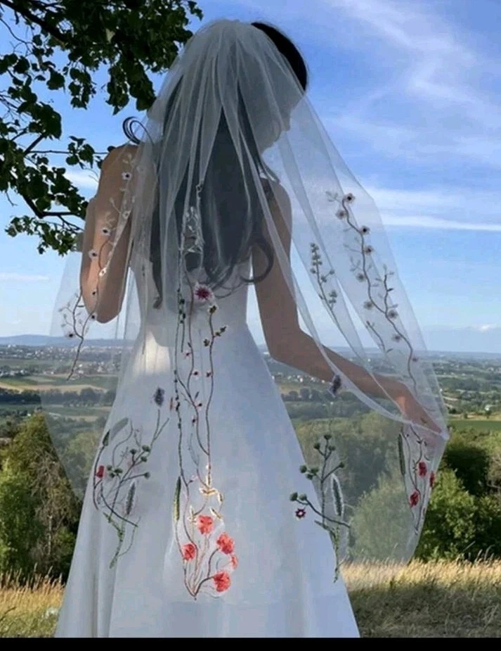 Bestickter Schleier Tüll-Schal Brautschleier Vintage Boho Stil Blumen - Bild 3 von 4