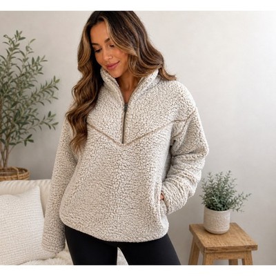 Thread & Supply Sherpa Quarter Zip Pullover Oatmeal Cozy Fleece XS Neutral EUC