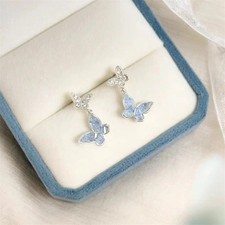 Zircon Double Butterfly Stud Earrings Women Blue Sparkling Party Jewelry