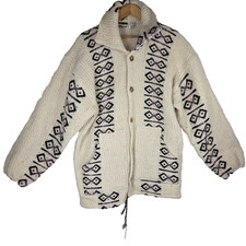 Vtg Wool Shawl Sweater Cardigan Hand Knit Button Grandpa Aztec