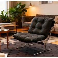 Mid Century Modern Accent Armchair Faux Leather High Back Metal Frame