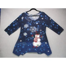 Collections Etc Blue Festive Christmas Graphic Whimsical Tunic Top Womens Size L