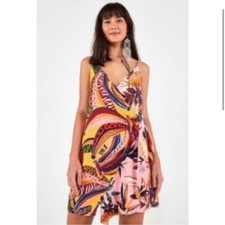FARM Rio Banana Mix Mini Wrap Dress Plunging V Neck Multicolor: Medium