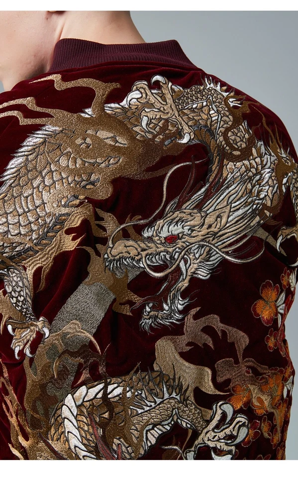 Jaqueta exclusiva bordada dragão colarinho de beisebol padrão japonês casaco Sukajan - Imagem 3 de 4