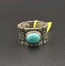 Sterling Silver 925 Turquoise Wide Ring STS Size 9 Ornate Bali Boho