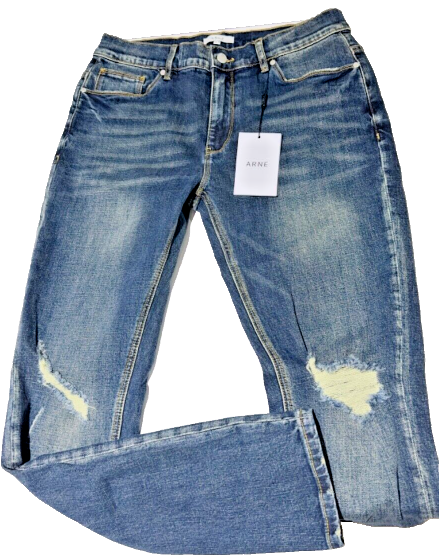 ARNE MENS RIPPED DENIM SLIM SKINNY JEANS DARK TINT BLUE UK 32R