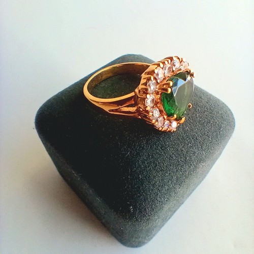 Signierter LL 925 Sterling Silber Gold Vermeil grünes Herz Zirkonia Ring Gr. 9 - Bild 7 von 11