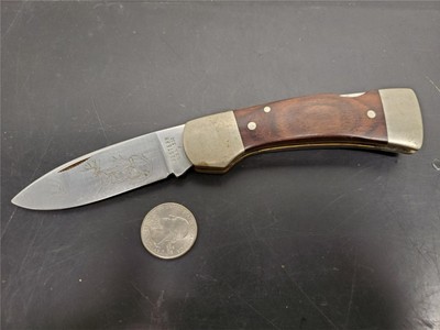 Vintage Western USA 532 F Wood Westlock Lockback Knife c.1982 Deer On Blade Nice