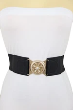 Women Black Elastic Fashion Jeans Pants Belt Bling Gold Metal Flower Buckle S M 