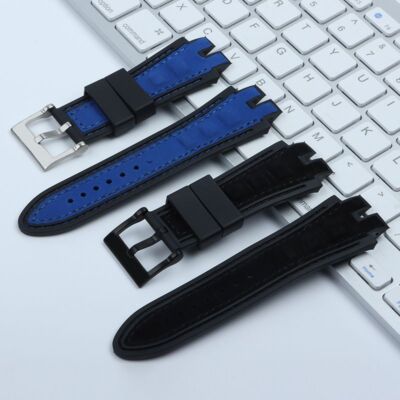 28mm Nubuck Leather Rubber Watch Band Strap Fits Roger Dubuis EXCALIBUR Blue